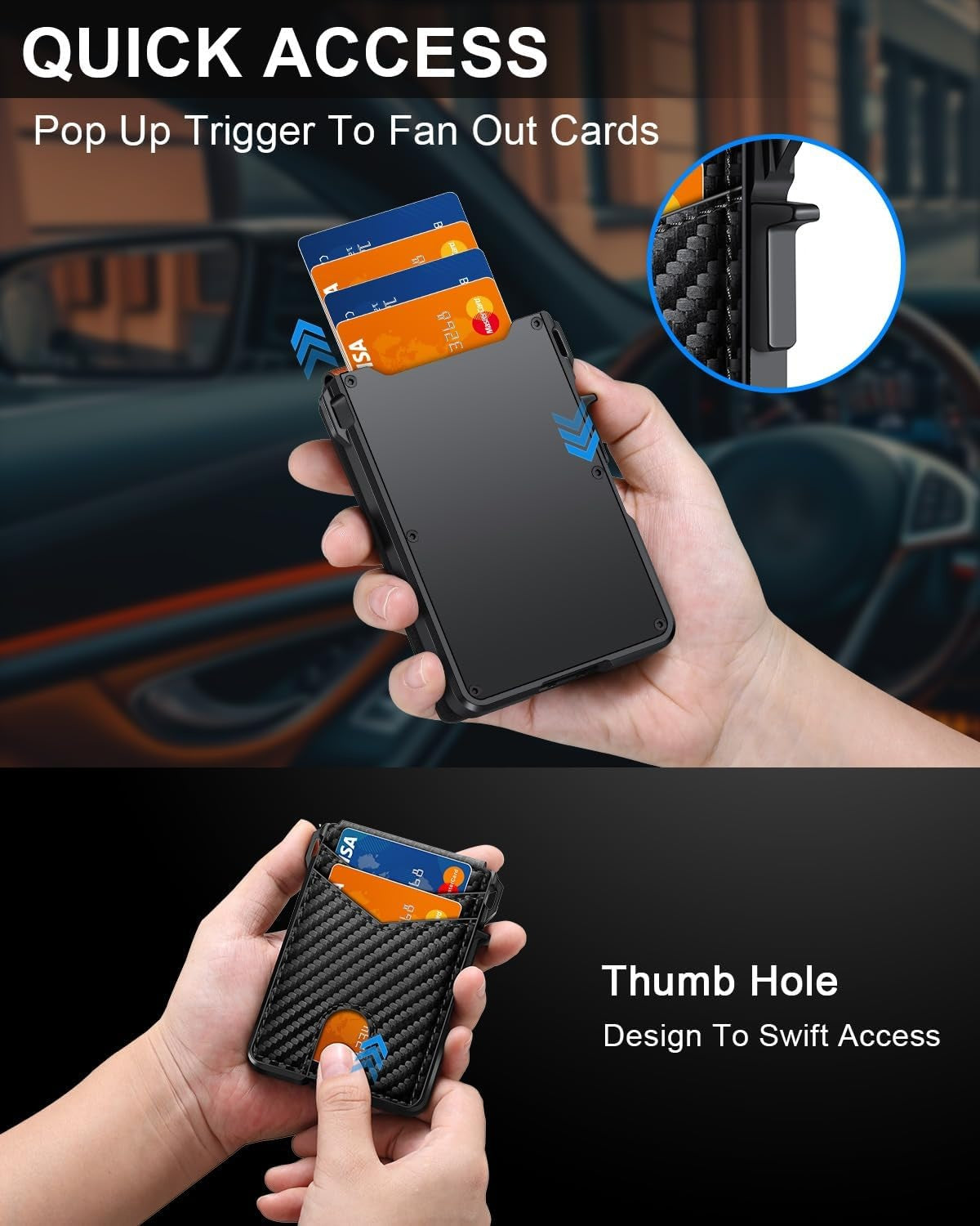 Pop-up card access with thumb hole