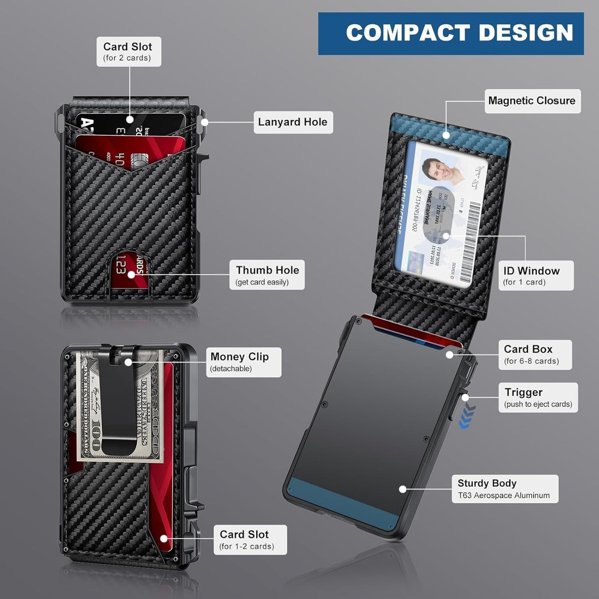 RFID wallet compact design with money clip and ID window